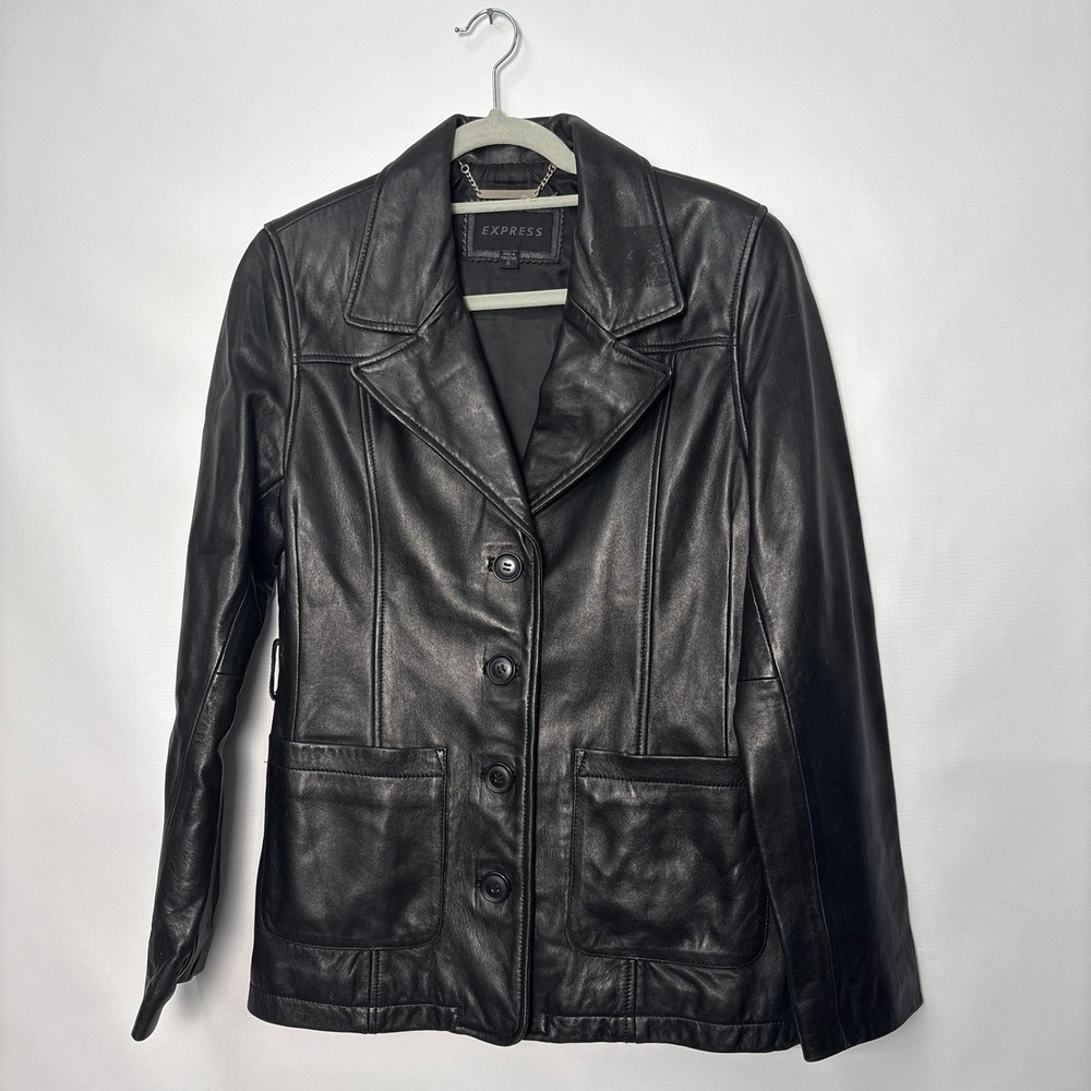 Express Womens Black 100% Leather Button Front Blazer Coat Size S Y2K Soft